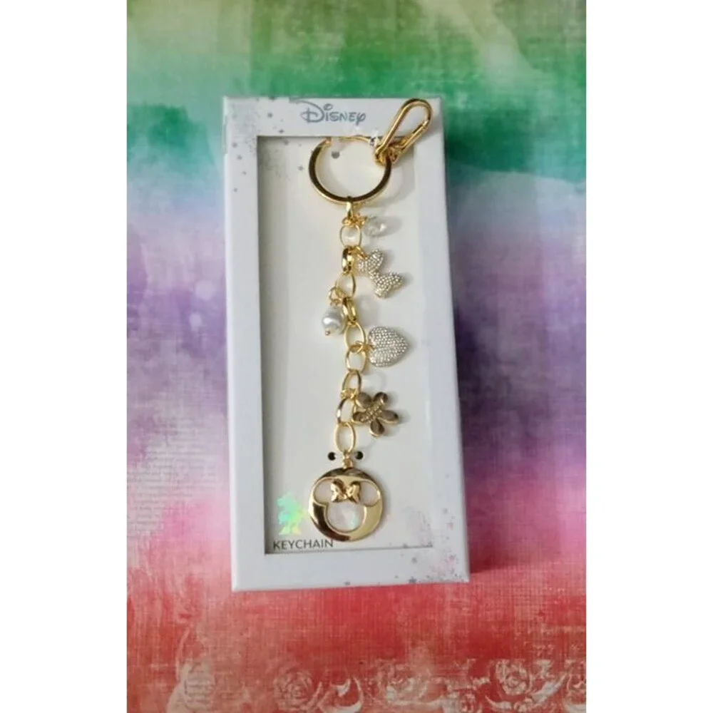 Disney Minnie Mouse Pearl Heart Bag Charm Keychain Gold NWT
